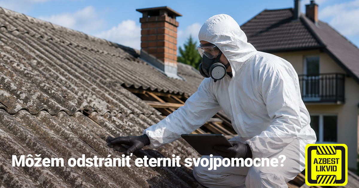 Pracovník v ochrannom obleku kontroluje eternitovú strechu obsahujúcu azbest pred odbornou likvidáciou
